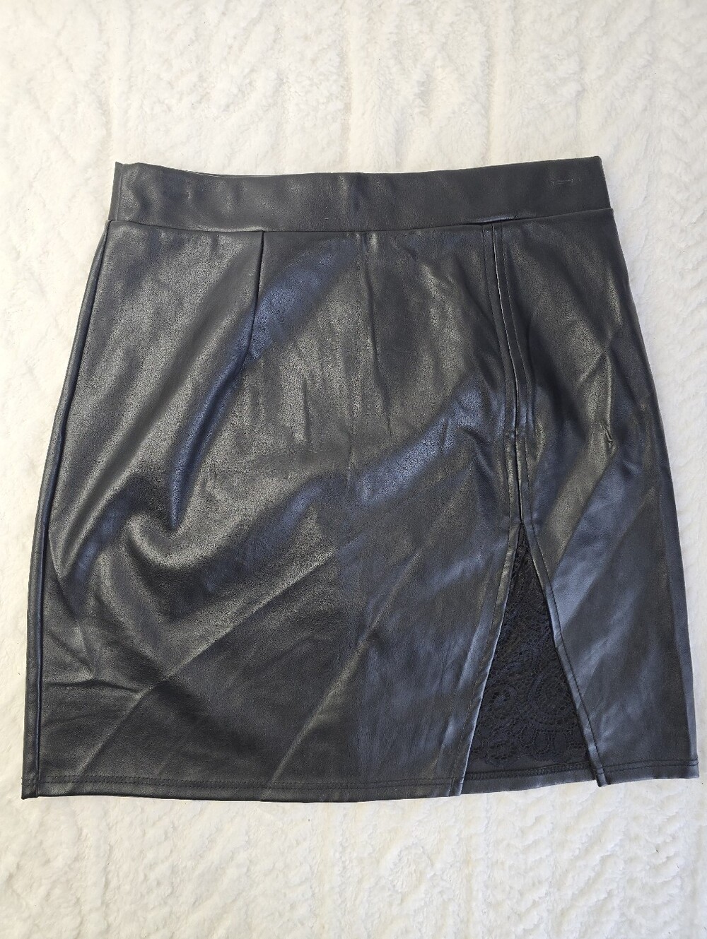 Windsor Faux Leather Mini Skirt Black Lace Slit Back Zip Edgy Goth Moto M